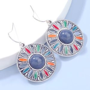 Multi-Colors Retro Vintage Boho Round Drop Oleoresin Flower Earrings
